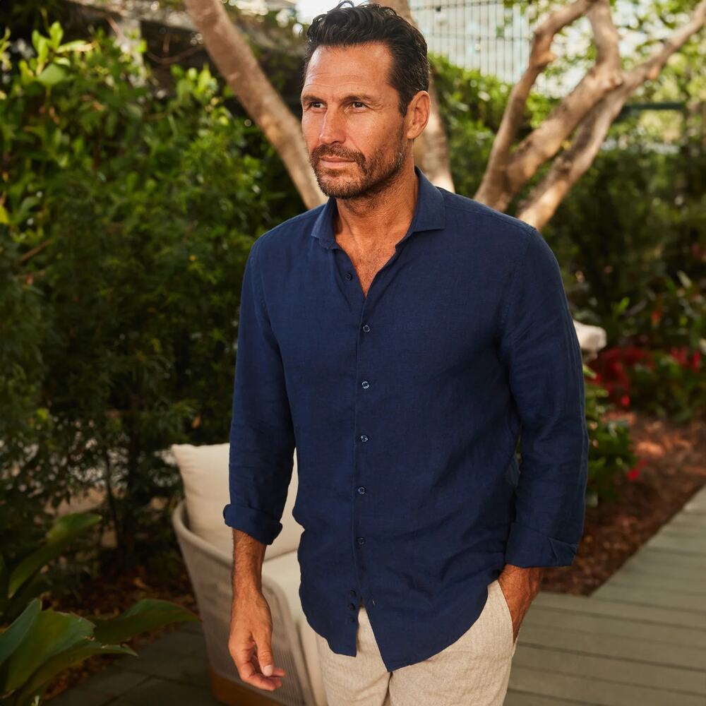 NWOT Collars & Co Toscano Linen Shirt Navy Blue XL